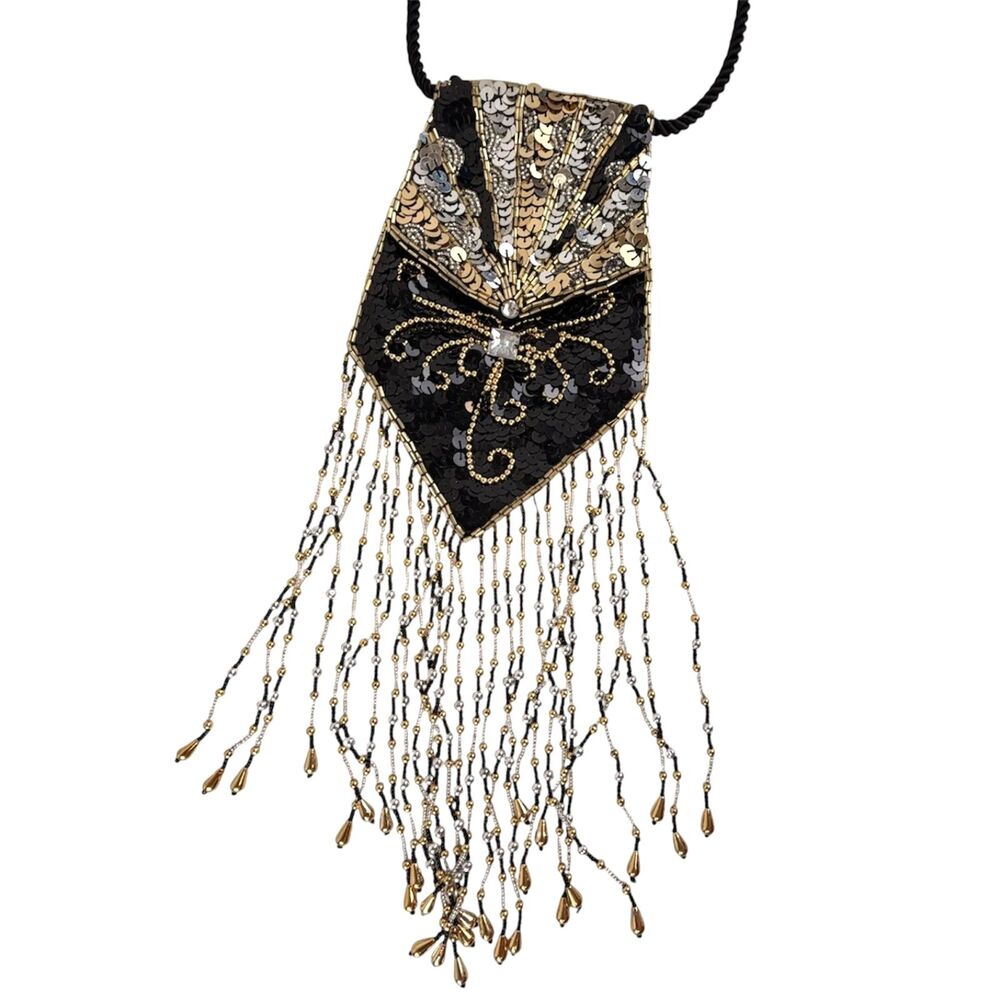 Vintage SHARMARK Las Vegas Evening Bag Sequin Beaded Fringe Pouch Crossbody Glam - Picture 2 of 10